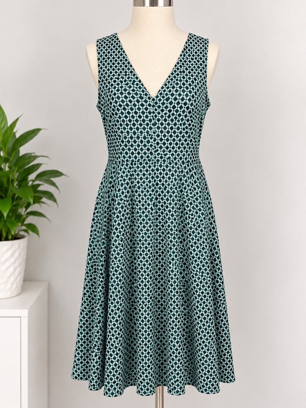 H&M Teal and Black Sleeveless V-Neck Fit-and-Flare Midi Dress